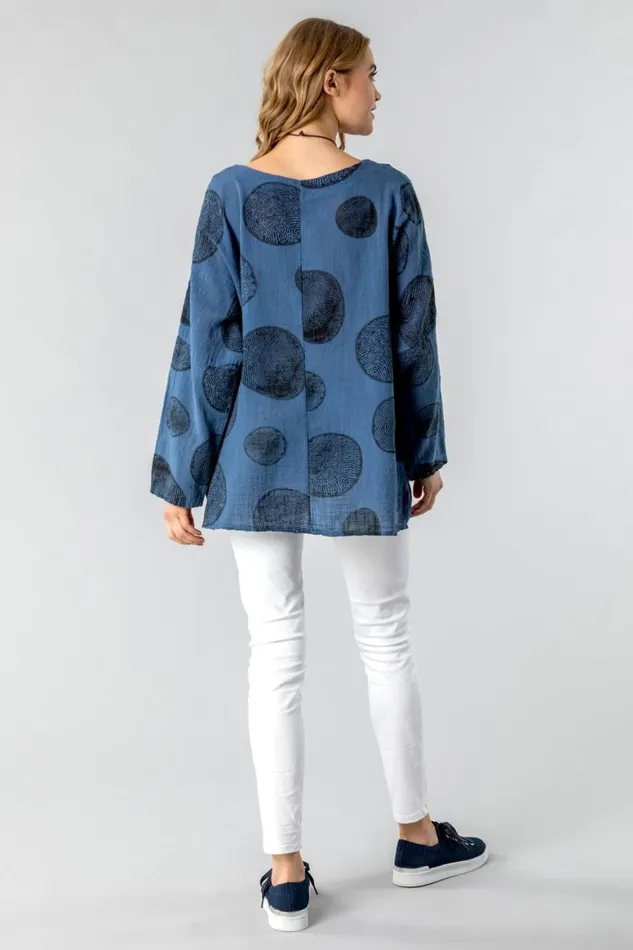 Women Blue Spot Print Top With Necklace Roman Tops
