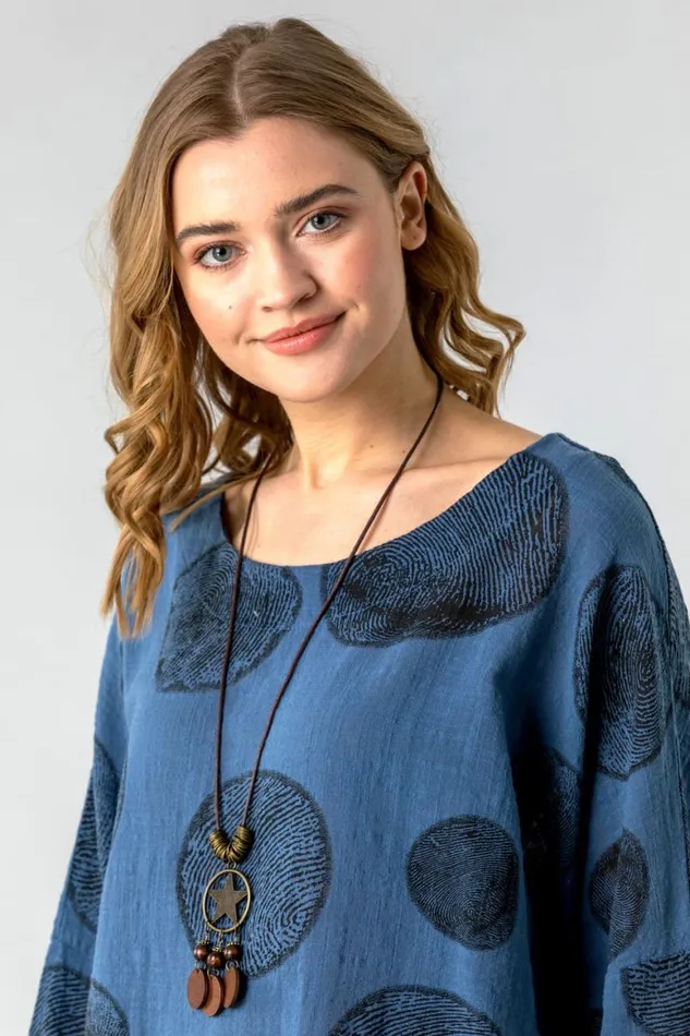 Women Blue Spot Print Top With Necklace Roman Tops