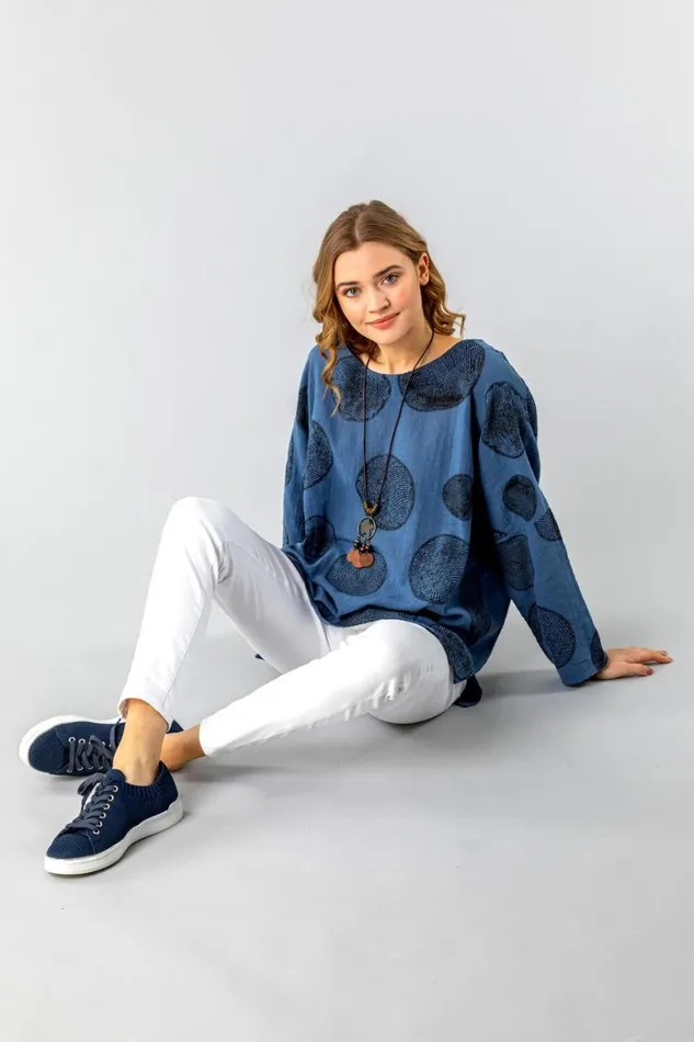 Women Blue Spot Print Top With Necklace Roman Tops