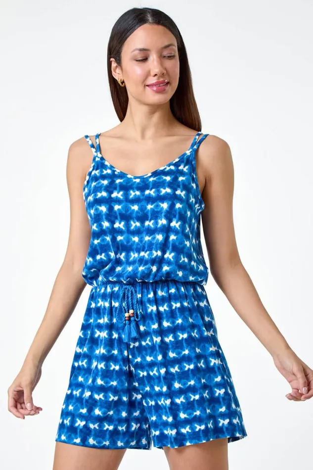 Women Blue Tie Dye Print Sleeveless Stretch Playsuit Roman Dresses