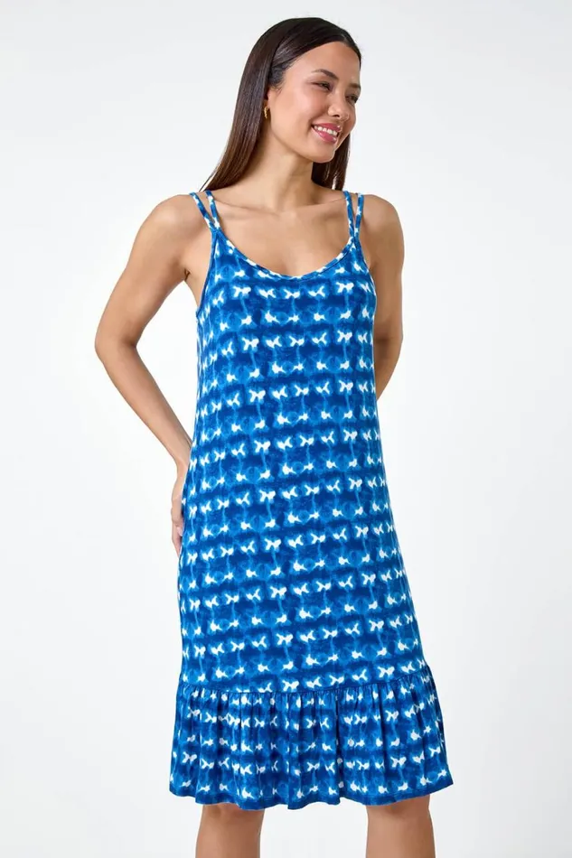 Women Blue Tie Dye Print Strappy Stretch Dress Roman Dresses