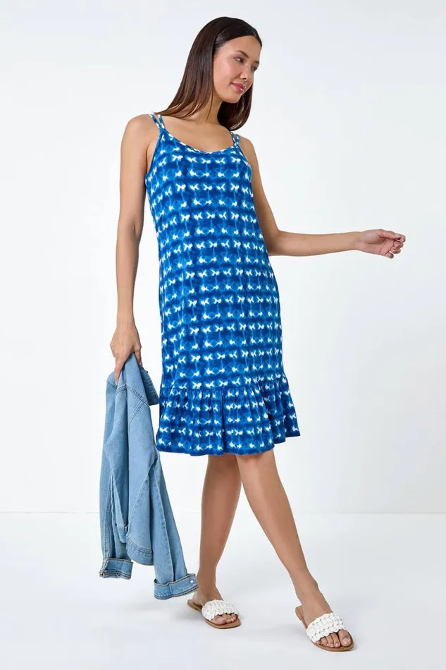 Women Blue Tie Dye Print Strappy Stretch Dress Roman Dresses