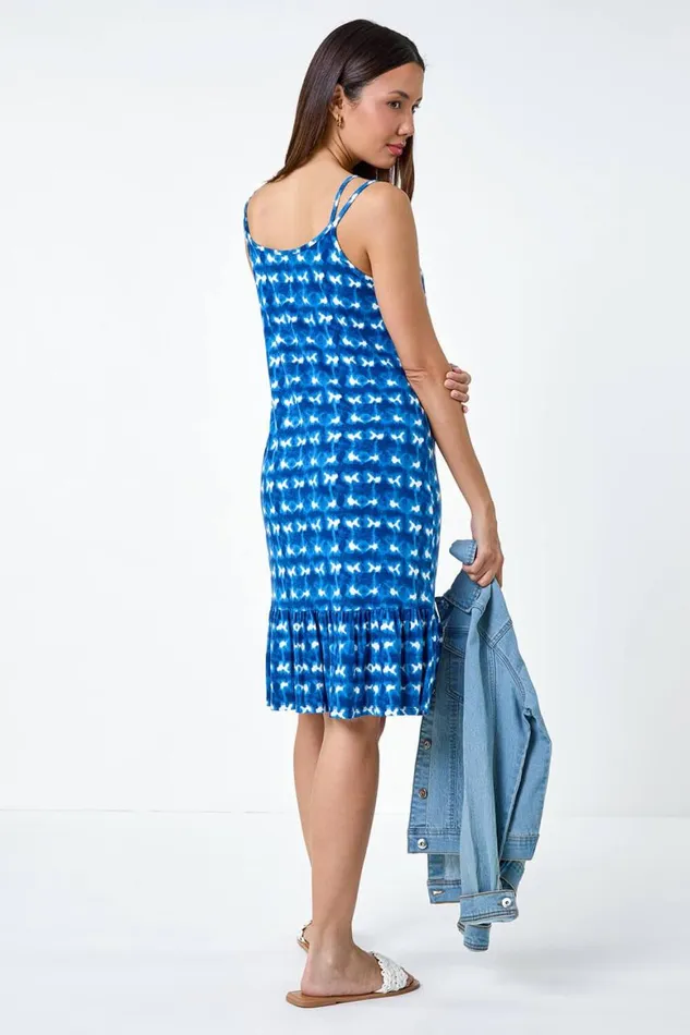 Women Blue Tie Dye Print Strappy Stretch Dress Roman Dresses