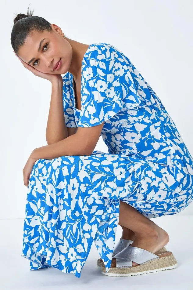 Women Blue Tiered Contrast Floral Print Dress Roman Dresses