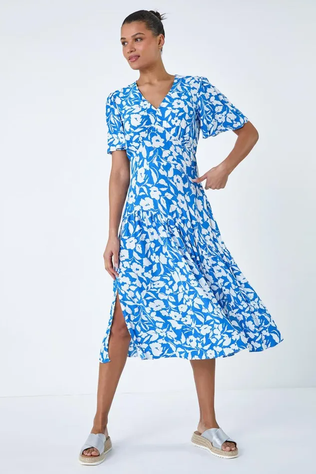 Women Blue Tiered Contrast Floral Print Dress Roman Dresses