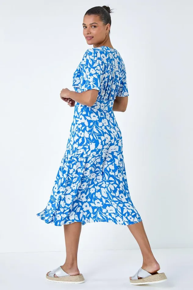 Women Blue Tiered Contrast Floral Print Dress Roman Dresses