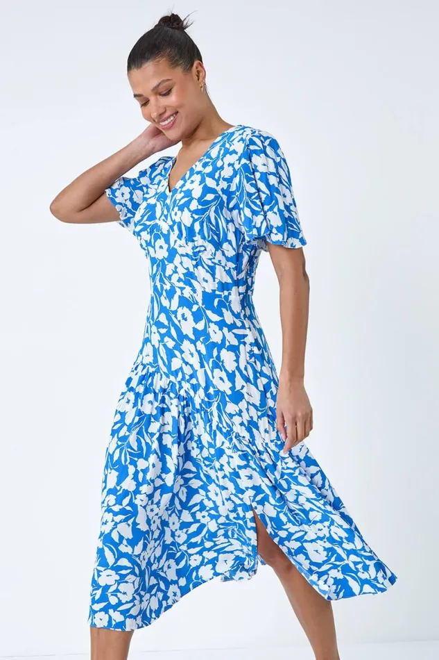 Women Blue Tiered Contrast Floral Print Dress Roman Dresses
