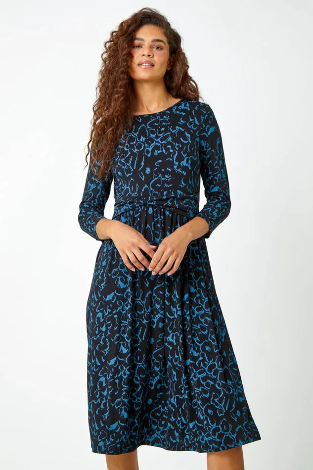 Women Blue Twist Waist Animal Print Stretch Dress Roman Dresses