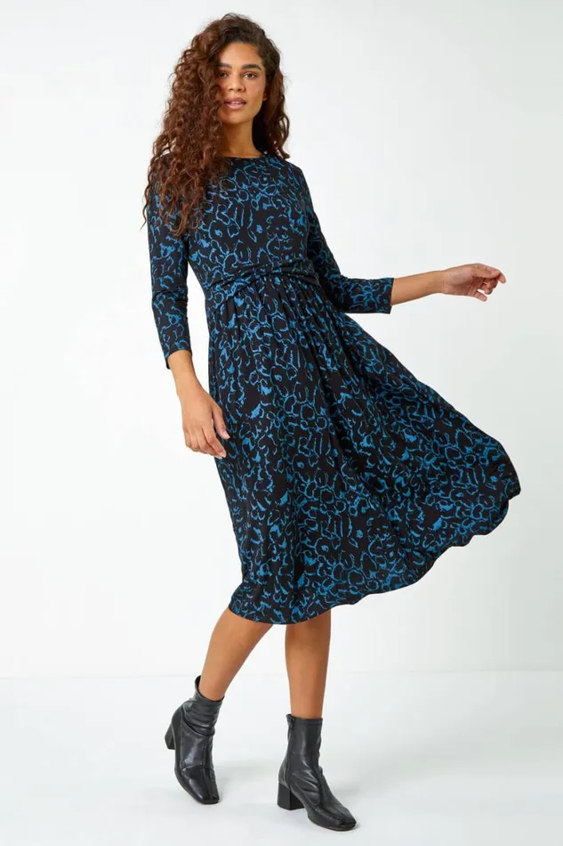 Women Blue Twist Waist Animal Print Stretch Dress Roman Dresses