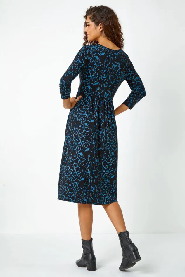 Women Blue Twist Waist Animal Print Stretch Dress Roman Dresses