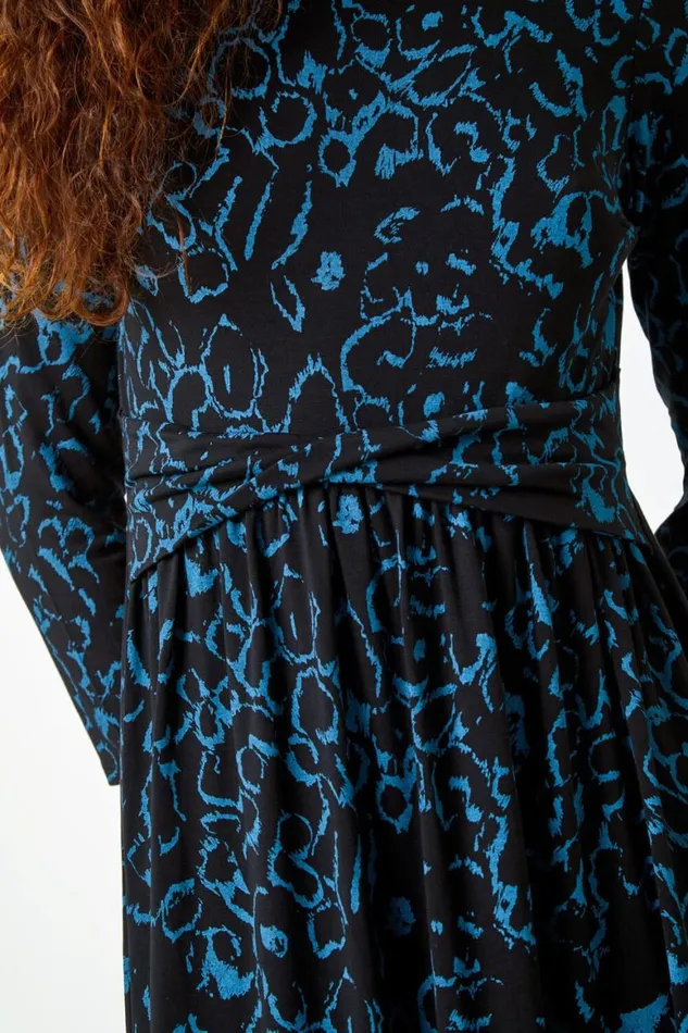 Women Blue Twist Waist Animal Print Stretch Dress Roman Dresses
