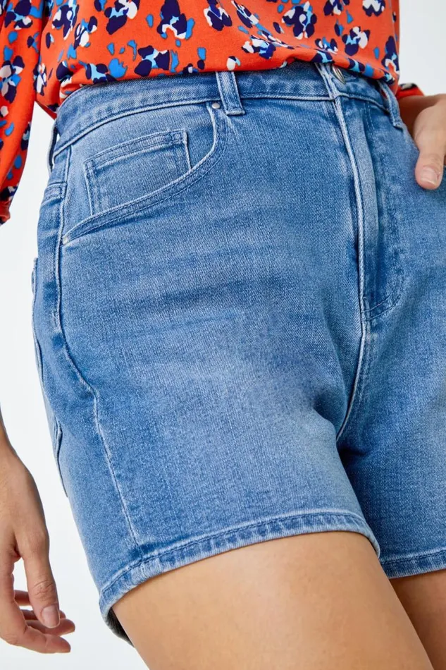 Women Blue Washed Denim Stretch Shorts Roman Coords