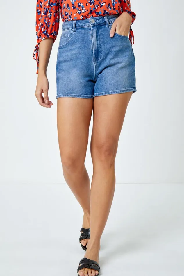 Women Blue Washed Denim Stretch Shorts Roman Coords