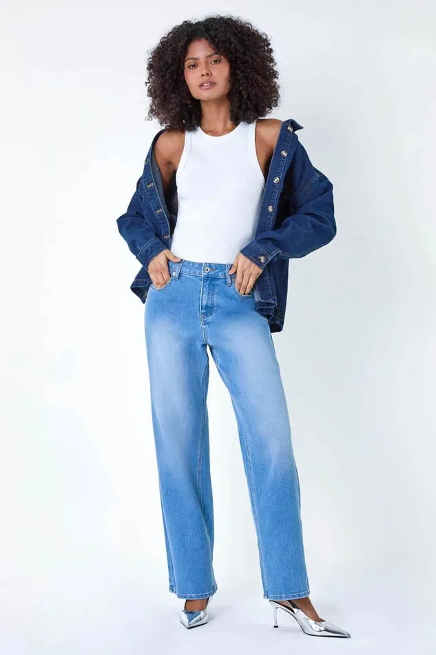 Women Blue Wide Leg Denim Jeans Roman Trousers