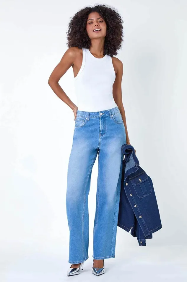 Women Blue Wide Leg Denim Jeans Roman Trousers