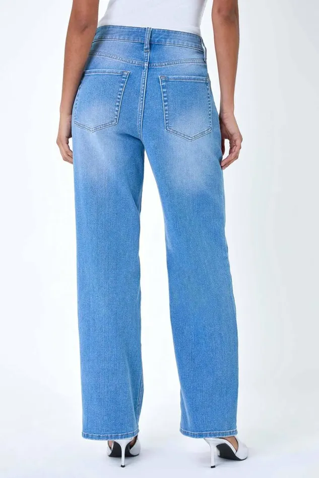 Women Blue Wide Leg Denim Jeans Roman Trousers