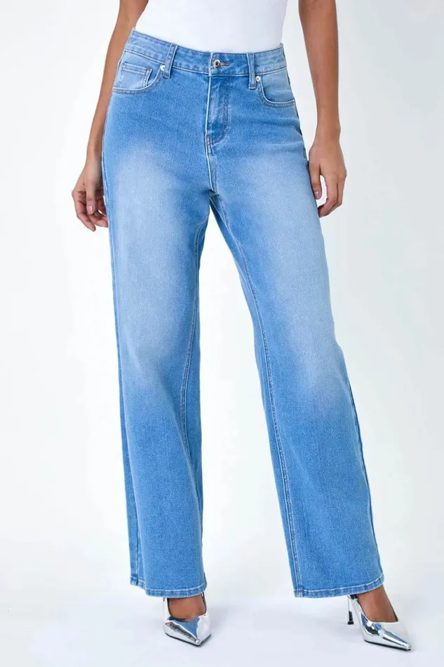 Women Blue Wide Leg Denim Jeans Roman Trousers