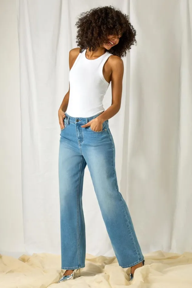 Women Blue Wide Leg Denim Jeans Roman Trousers