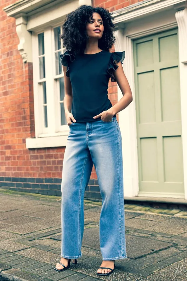 Women Blue Wide Leg Denim Jeans Roman Trousers