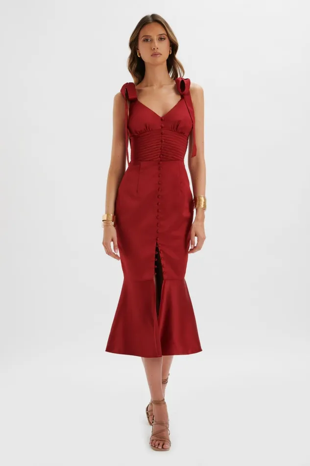 Women Bodycon Dresses Lavish Alice KAMILA Tie Strap Micro Button Satin Midi Dress In Burgundy Burgundy