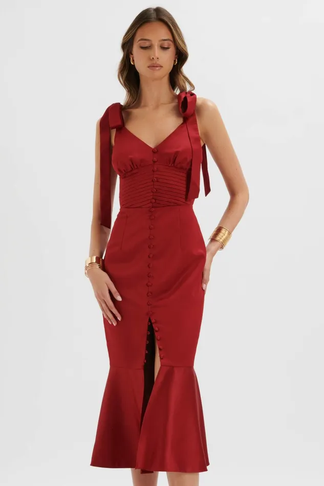 Women Bodycon Dresses Lavish Alice KAMILA Tie Strap Micro Button Satin Midi Dress In Burgundy Burgundy