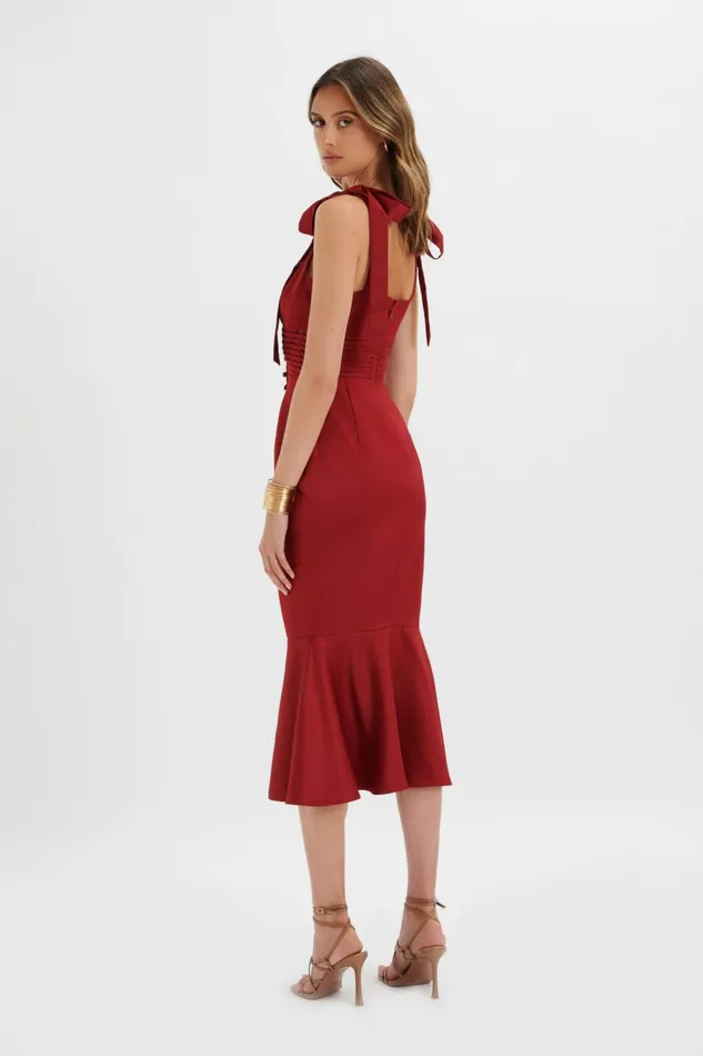 Women Bodycon Dresses Lavish Alice KAMILA Tie Strap Micro Button Satin Midi Dress In Burgundy Burgundy