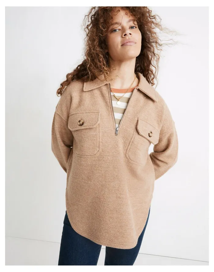 Women Boiled Wool Half Zip Popover Sweater Heather Toffee Madewell Jackets