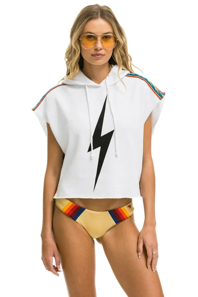 Women BOLT STRIPE SLEEVELESS RELAXED CROPPED PULLOVER HOODIE 8211 WHITE Aviator Nation BoltCollection Women BOLT STRIPE SLEEVELESS RELAXED CROPPED PULLOVER HOODIE 8211 WHITE Aviator Nation BoltCollection