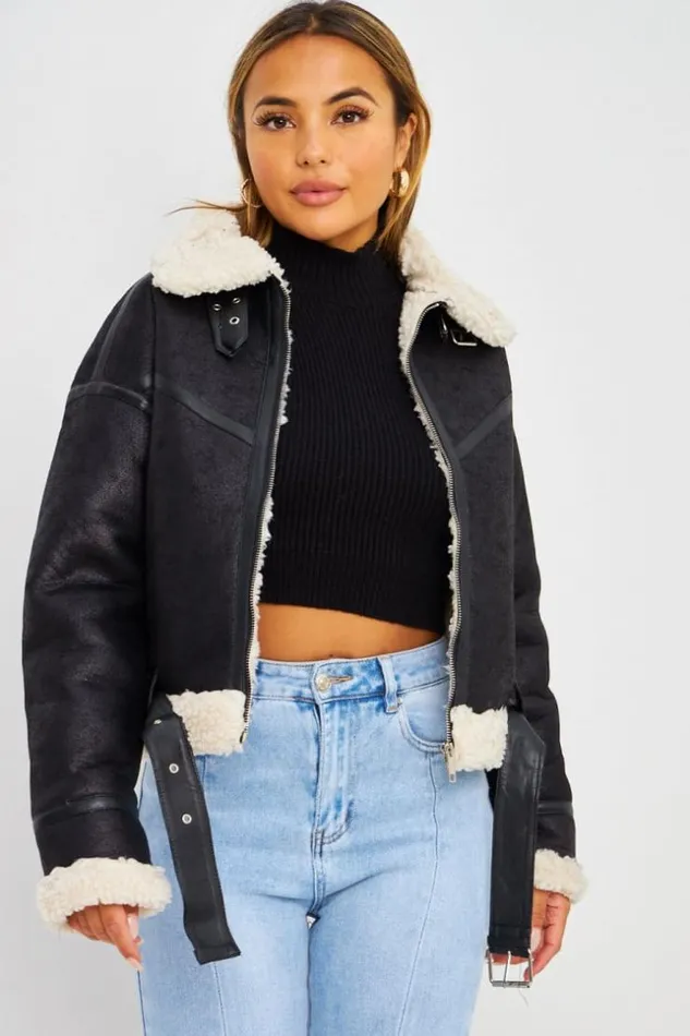 Women Bomber Aviateur Noir Court Peau De Mouton Beige Black Brentiny Paris Jackets