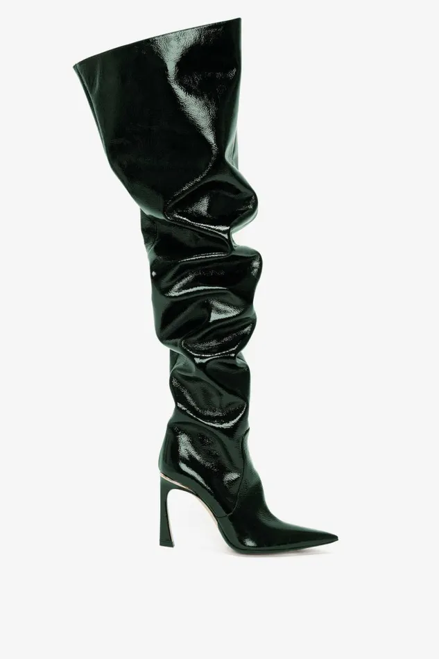 Women Boots Victoria Beckham Thigh High Pointy Boot In Dark Green Grained Patent
