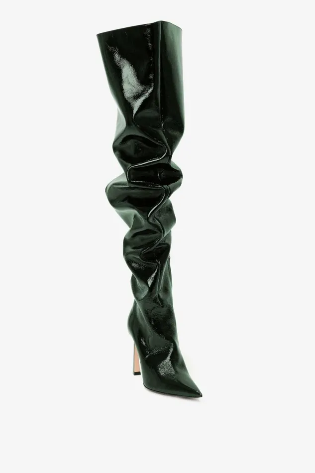 Women Boots Victoria Beckham Thigh High Pointy Boot In Dark Green Grained Patent