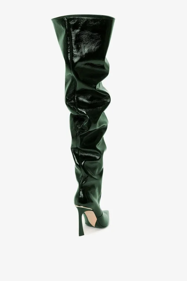 Women Boots Victoria Beckham Thigh High Pointy Boot In Dark Green Grained Patent