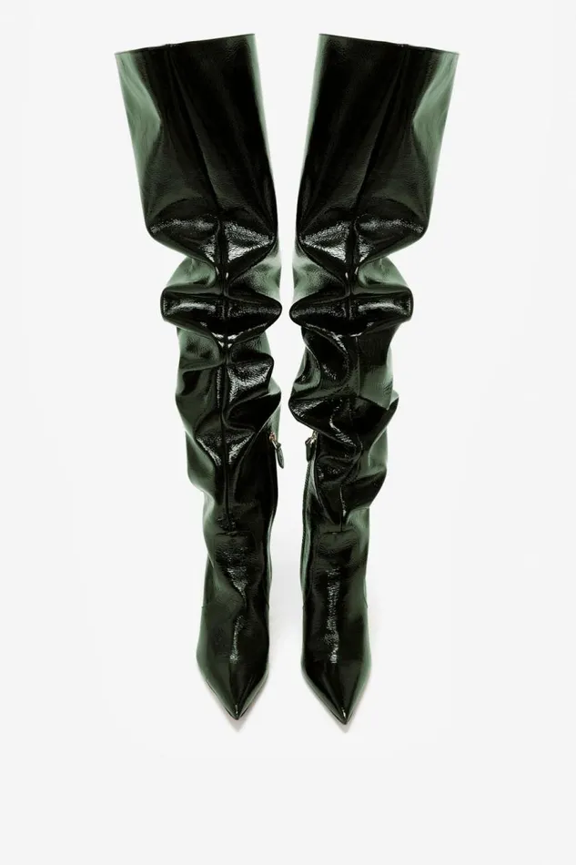 Women Boots Victoria Beckham Thigh High Pointy Boot In Dark Green Grained Patent