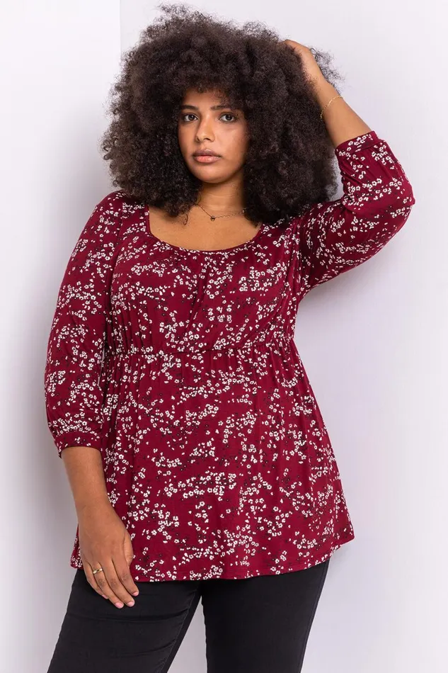 Women Bordeaux Curve Square Neck Floral Top Roman Tops