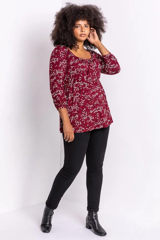 Women Bordeaux Curve Square Neck Floral Top Roman Tops