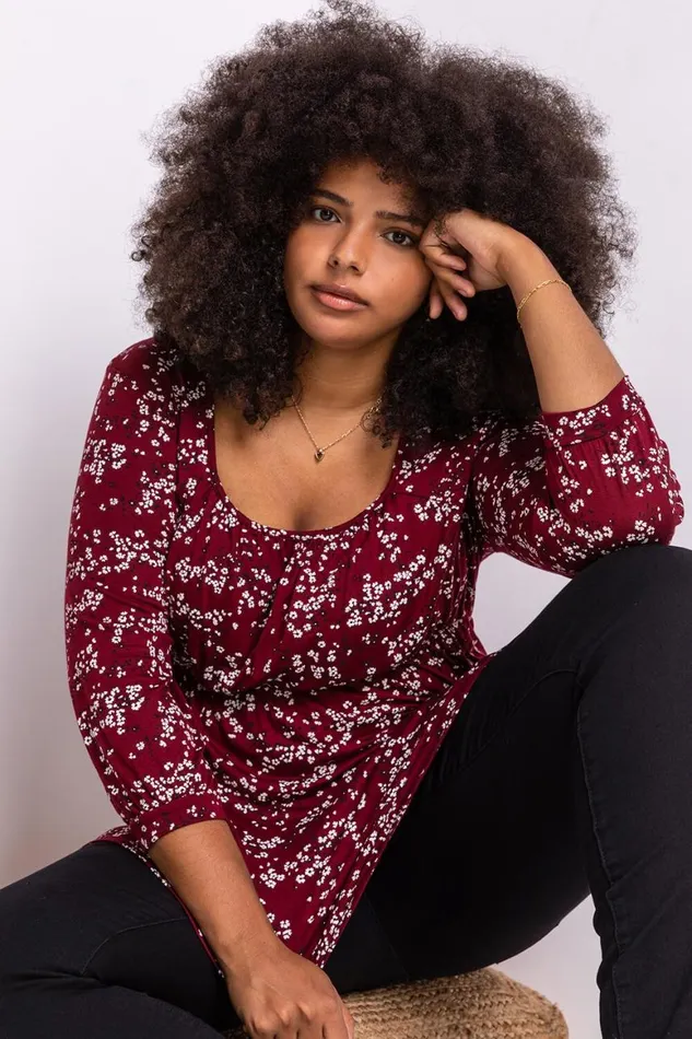 Women Bordeaux Curve Square Neck Floral Top Roman Tops