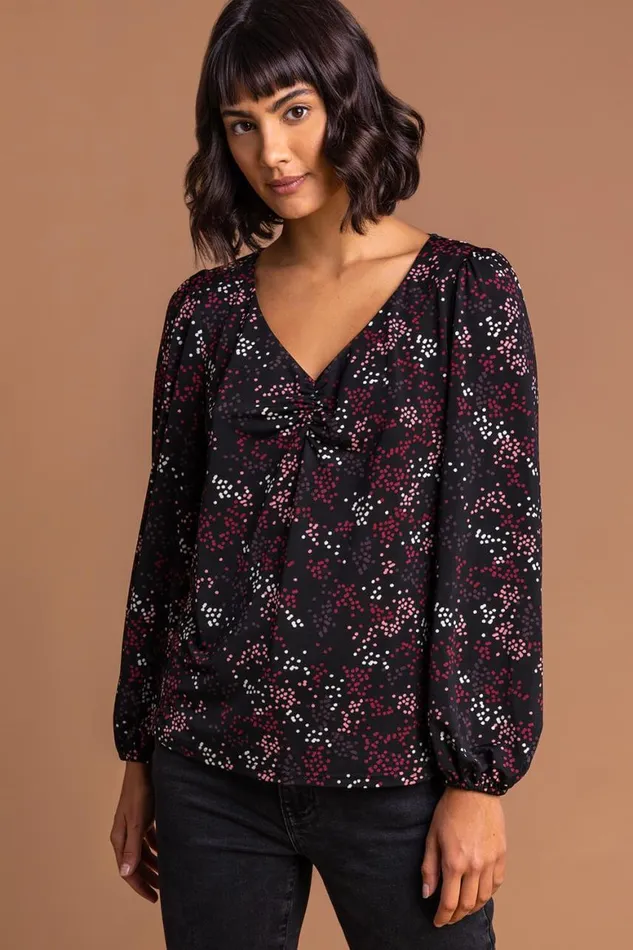 Women Bordeaux Ditsy Spot Print Gathered Long Sleeve Blouse Roman Blouses and Shirts