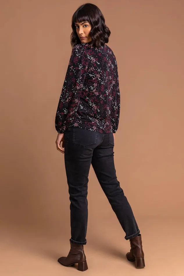 Women Bordeaux Ditsy Spot Print Gathered Long Sleeve Blouse Roman Blouses and Shirts