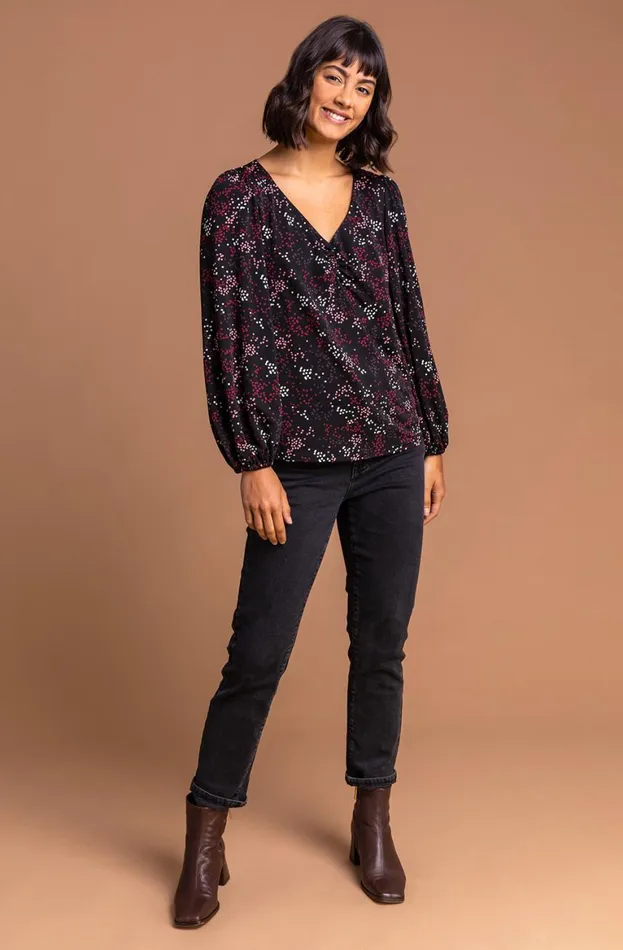 Women Bordeaux Ditsy Spot Print Gathered Long Sleeve Blouse Roman Blouses and Shirts