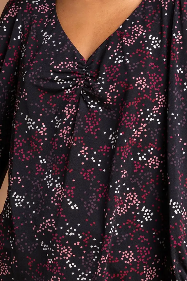 Women Bordeaux Ditsy Spot Print Gathered Long Sleeve Blouse Roman Blouses and Shirts