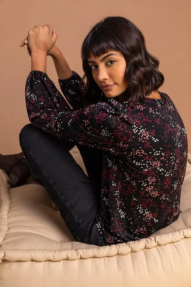 Women Bordeaux Ditsy Spot Print Gathered Long Sleeve Blouse Roman Blouses and Shirts