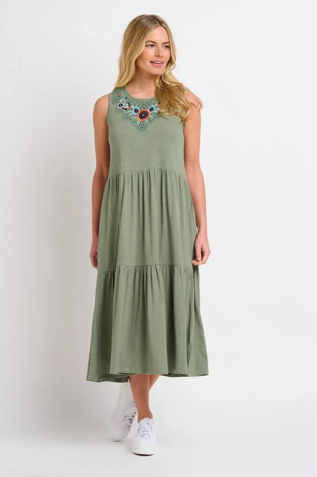 Women Brakeburn Dresses Khaki Clem Embroidered Midi Jersey Dress