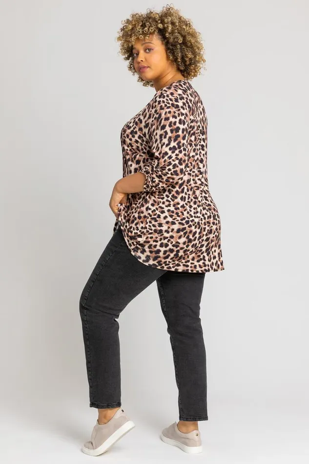 Women Bronze Curve Animal Print Pintuck Blouse Roman Tops