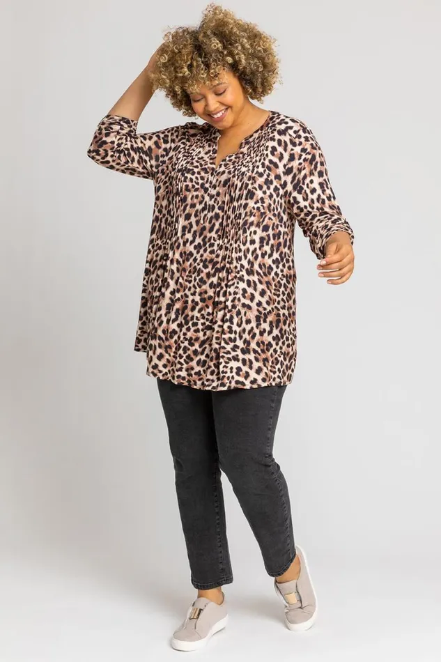 Women Bronze Curve Animal Print Pintuck Blouse Roman Tops