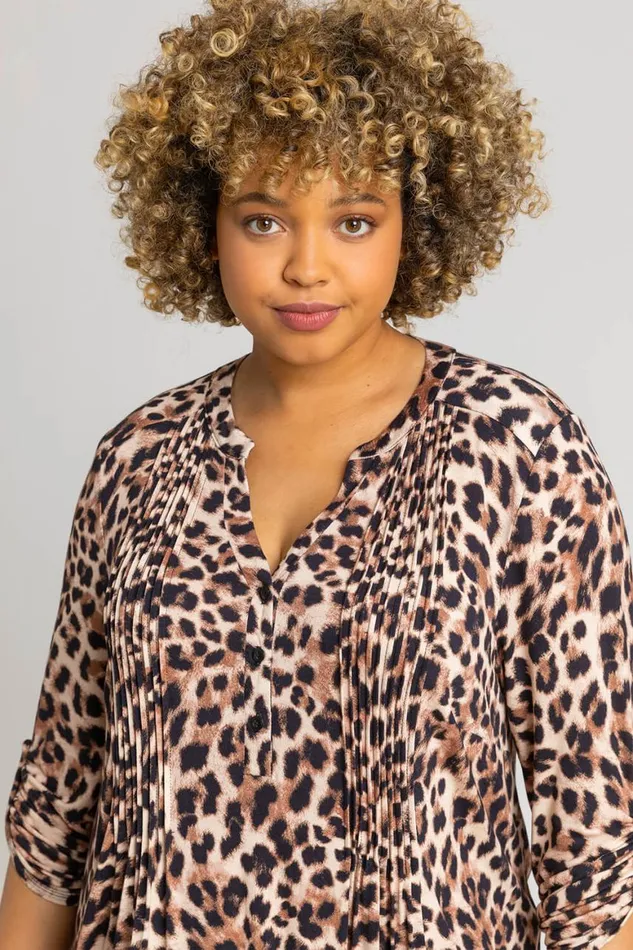 Women Bronze Curve Animal Print Pintuck Blouse Roman Tops