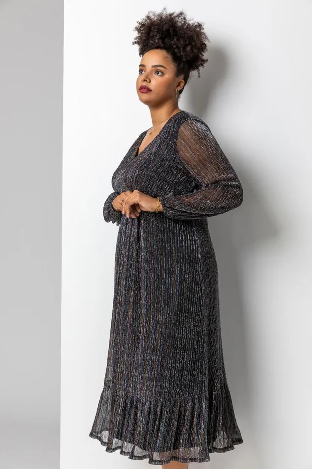 Women Bronze Curve Metallic Plisse Frill Hem Dress Roman Dresses