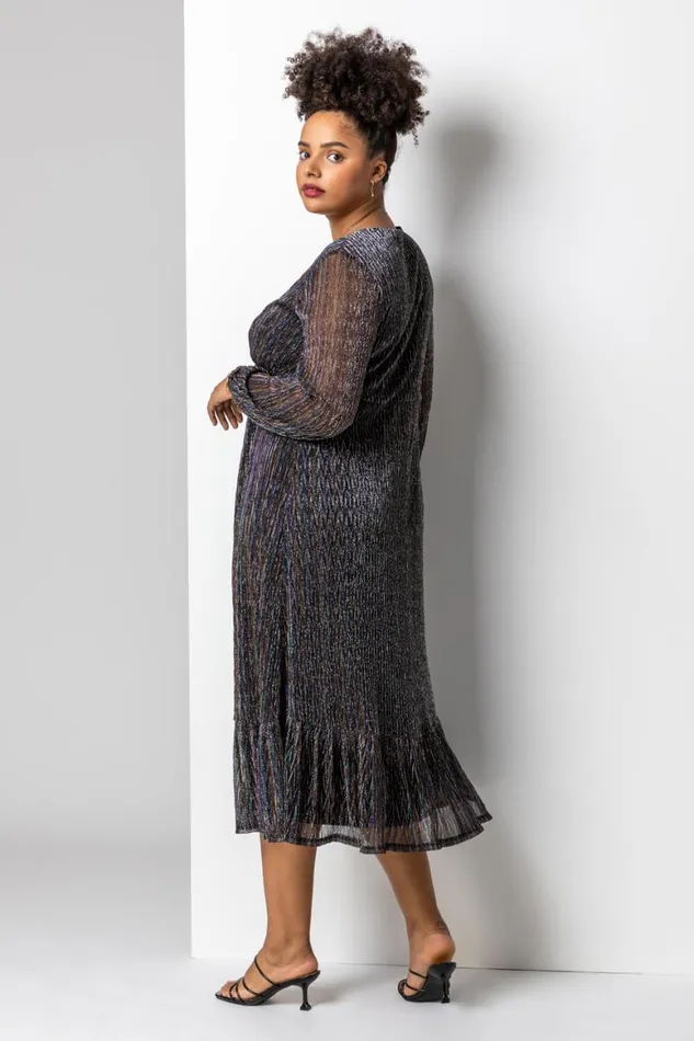 Women Bronze Curve Metallic Plisse Frill Hem Dress Roman Dresses