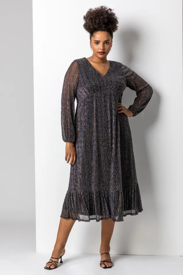 Women Bronze Curve Metallic Plisse Frill Hem Dress Roman Dresses