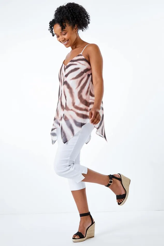 Women Brown Petite Animal Print Hanky Hem Top Roman Tops
