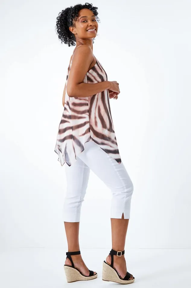Women Brown Petite Animal Print Hanky Hem Top Roman Tops